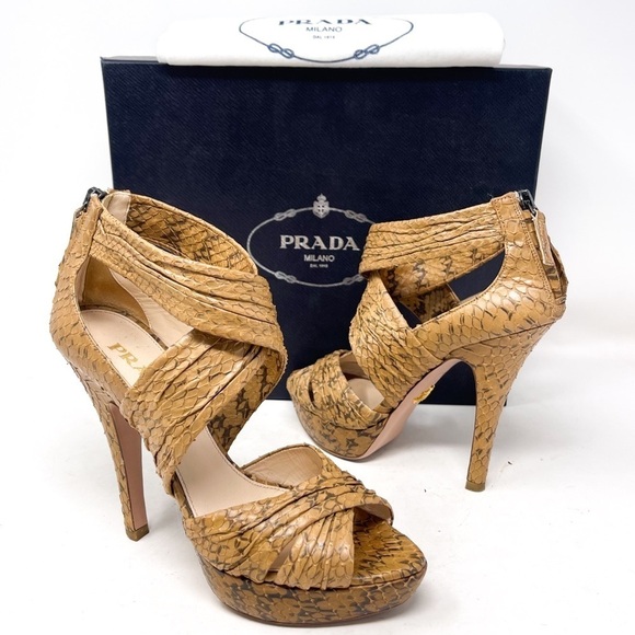 Prada Genuine Leather Tan Opaca Cammello Snake Skin Sandal High Heel Size 36.5 - Picture 1 of 9